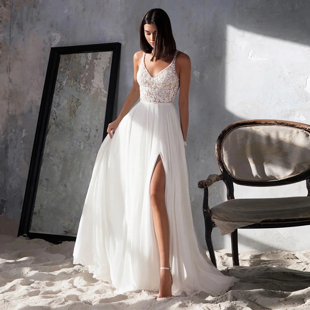 MANRAY Custom Made Simple V-Neck High Split Beach Wedding Dresses For Bride Lace Appliques Chiffon Spaghetti Straps Bridal Gown
MANRAY Custom Made Simple V-Neck High Split Beach Wedding Dresses For Bride Lace Appliques Chiffon Spaghetti Straps Bridal Gown