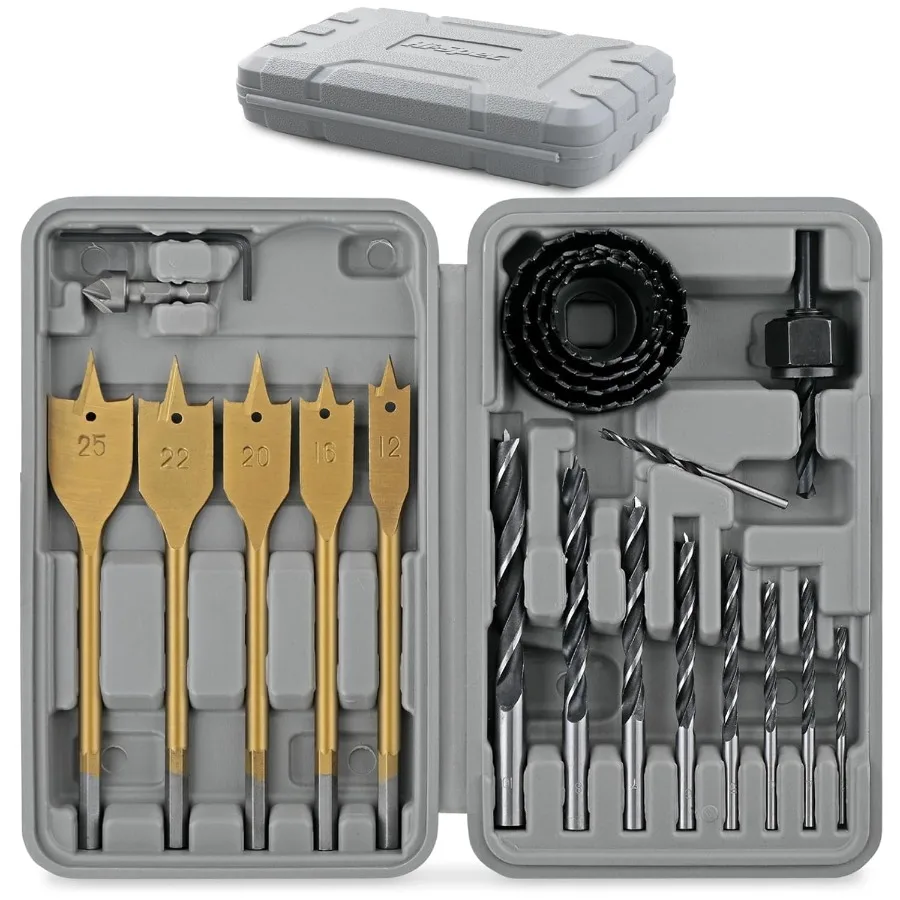 21pc Wood Hole Saws, Brad Points and Spade Drill Bit Set for Drill Drivers in a Compact Tool Kit Case
21pc Wood Hole Saws, Brad Points and Spade Drill Bit Set for Drill Drivers in a Compact Tool Kit Case
