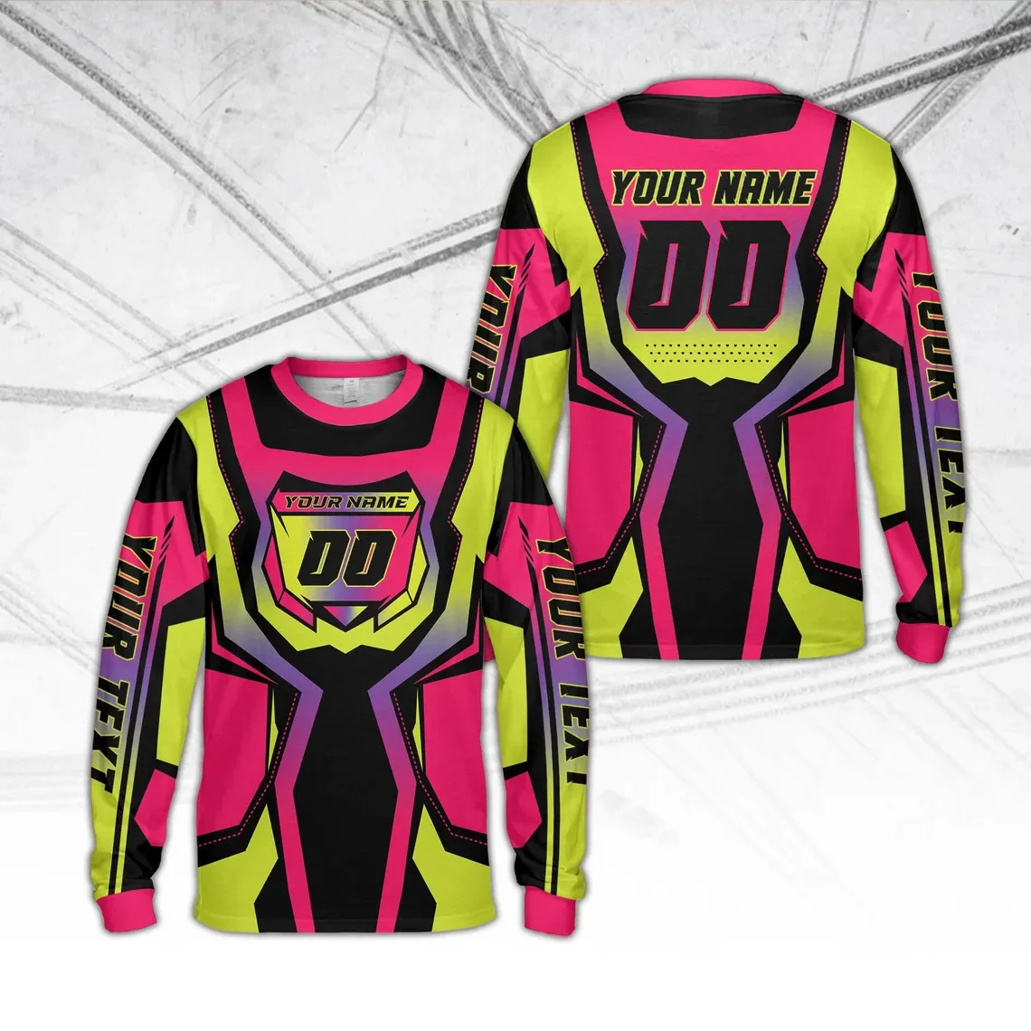 Customized Off Road Racing Jersey With Your Name Number And Diy Sleeve Text Modern Geometric Gradient Design Long Sleeve T Shirt
Customized Off Road Racing Jersey With Your Name Number And Diy Sleeve Text Modern Geometric Gradient Design Long Sleeve T Shirt