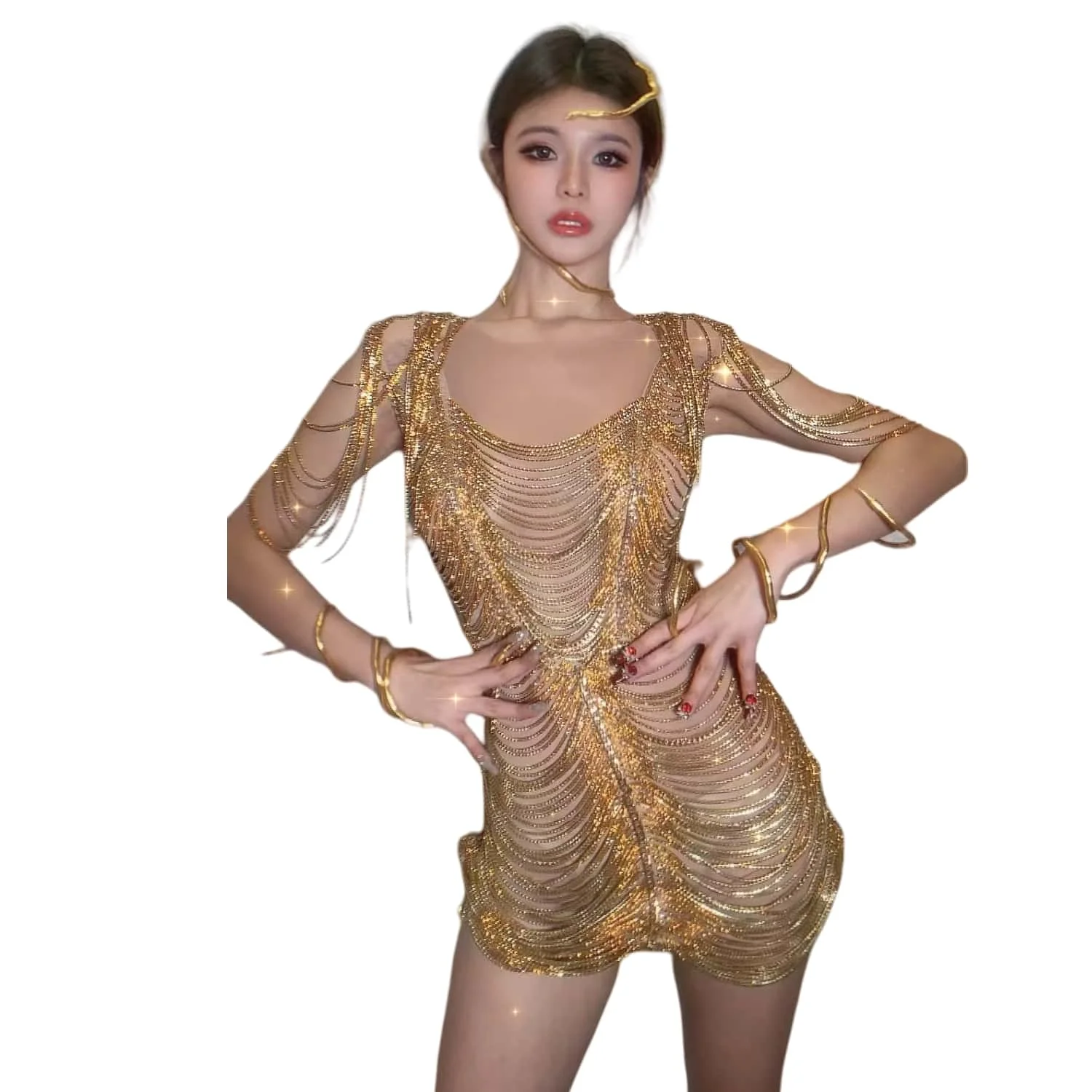 Sexy Gold Rhinestone Chains Dress Evening Birthday Celebrate Prom Party Outfit Costume Women Dancer Photoshoot Dress Jinsheng
Sexy Gold Rhinestone Chains Dress Evening Birthday Celebrate Prom Party Outfit Costume Women Dancer Photoshoot Dress Jinsheng