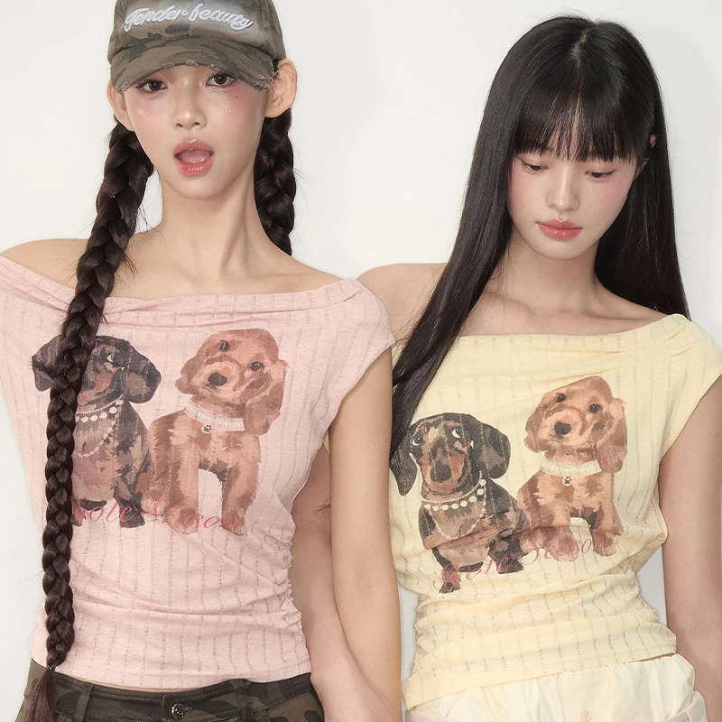 Printed Oblique Shoulder Summer Puppy Drop Shoulder Slim Short Sleeve T-Shirt For Women
Printed Oblique Shoulder Summer Puppy Drop Shoulder Slim Short Sleeve T-Shirt For Women