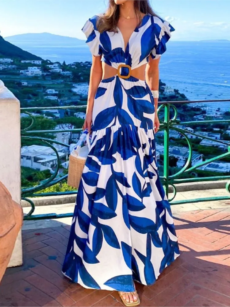 Fashionable Printed V-neck Bubble Sleeve Long Skirt Summer New Style Long Sexy Waist Exposed Short Sleeved A-line Dress 
Fashionable Printed V-neck Bubble Sleeve Long Skirt Summer New Style Long Sexy Waist Exposed Short Sleeved A-line Dress
