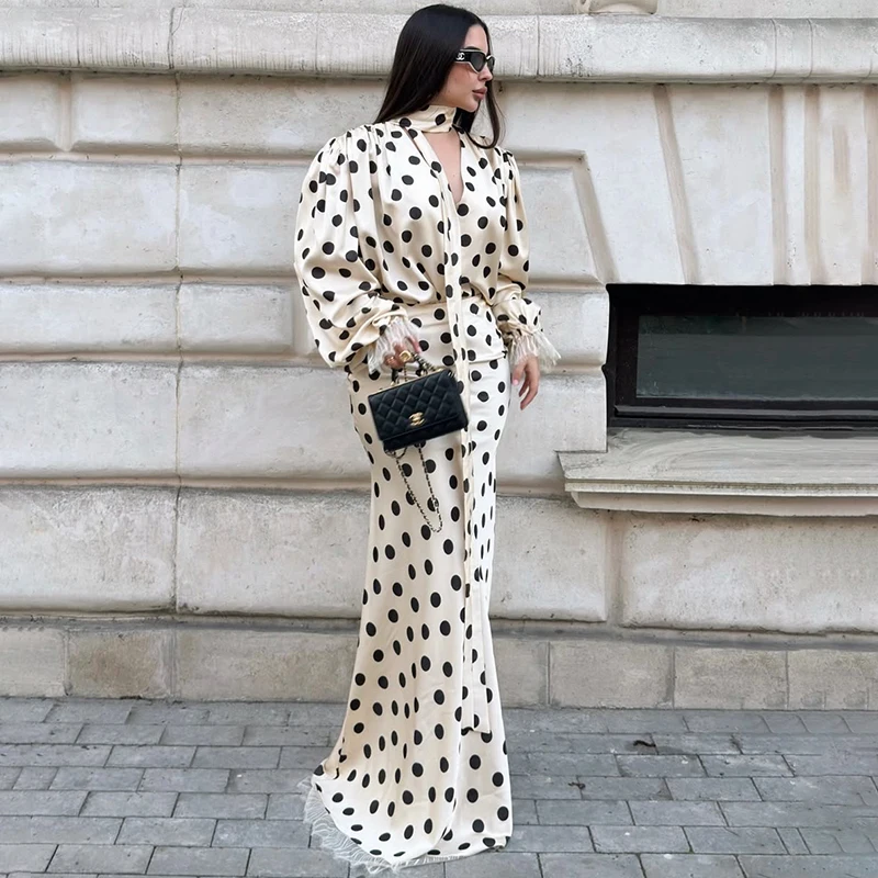 Tornova Retro Polka Dot Long Dress Sets Women's V-neck Bubble Sleeve Shirt Slim Sexy High Waist Skirt Female Evening Party Suits
Tornova Retro Polka Dot Long Dress Sets Women's V-neck Bubble Sleeve Shirt Slim Sexy High Waist Skirt Female Evening Party Suits