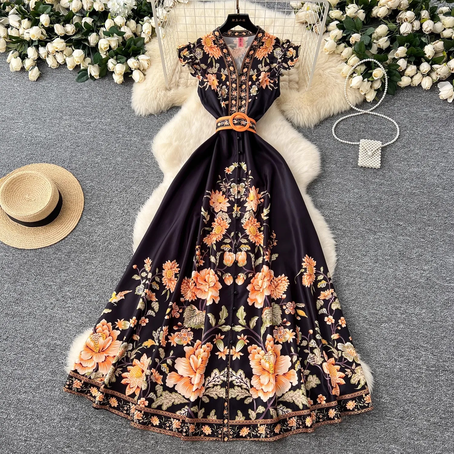 Summer Dress Women Fashion Floral Vintage Robe Femme Elegant Ruffles V-Neck Sleeveless Single Breasted Belt Maxi Dresses Vestido
Summer Dress Women Fashion Floral Vintage Robe Femme Elegant Ruffles V-Neck Sleeveless Single Breasted Belt Maxi Dresses Vestido