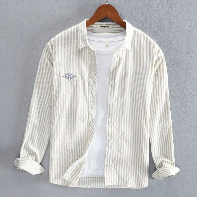 Casual Striped Long Sve Men's irt Loose Fit Spring Autumn Sle Collar Outerwear Trendy Artistic Japanese Sle
Casual Striped Long Sve Men's irt Loose Fit Spring Autumn Sle Collar Outerwear Trendy Artistic Japanese Sle