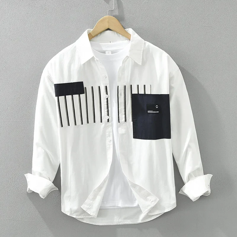 Японская модная мужская рубашка с длинным рукавом, весна-осень, уличная рубашка в полоску в стиле пэчворк, повседневная белая рубашка из чистого хлопка, удобный топ
Японская модная мужская рубашка с длинным рукавом, весна-осень, уличная рубашка в полоску в стиле пэчворк, повседневная белая рубашка из чистого хлопка, удобный топ