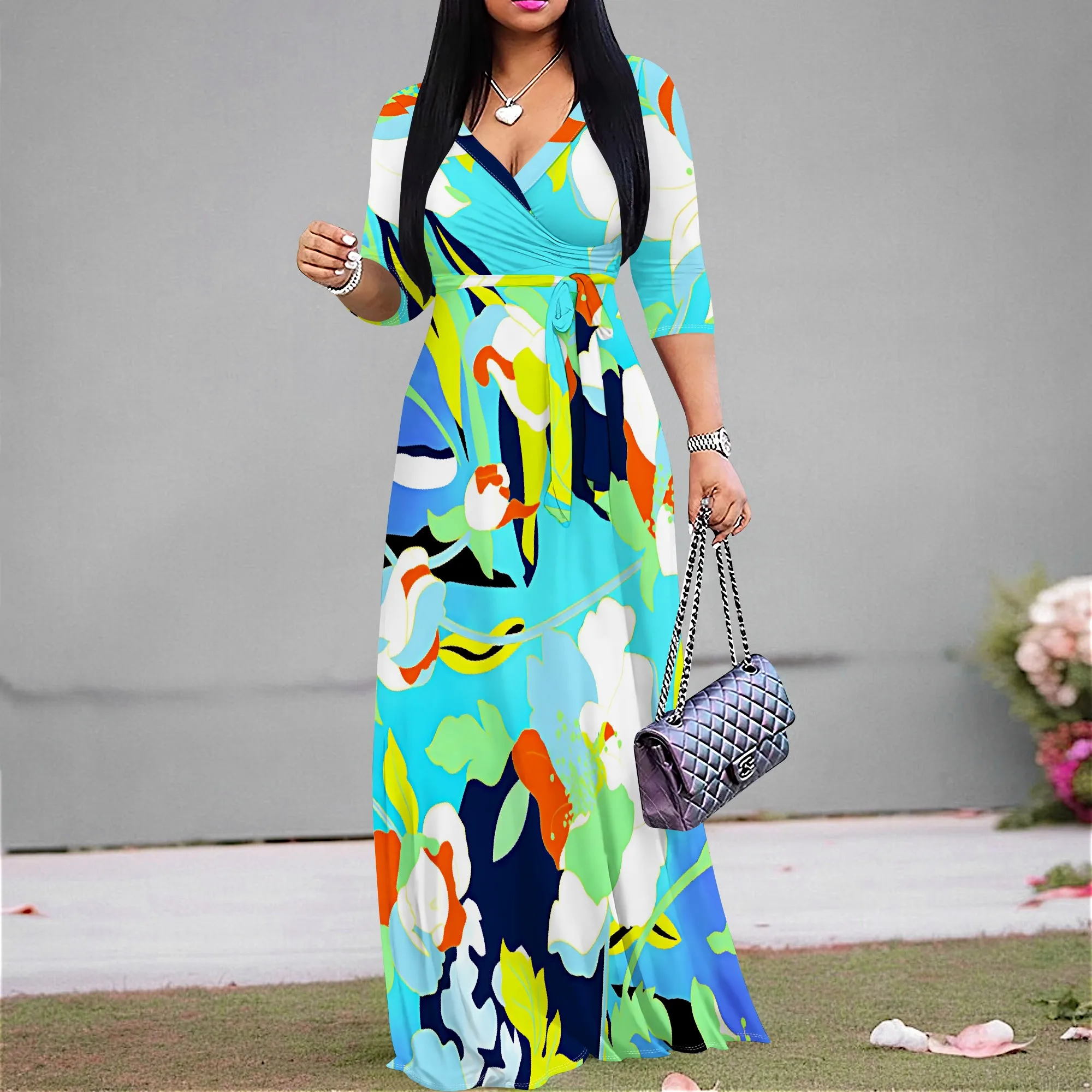 Women's 3/4 Sleeve V Neck Women With Pocket and Bel Long Dress Fashion Printed Split Hem Club Party Casual Vacation Maxi Dress
Women's 3/4 Sleeve V Neck Women With Pocket and Bel Long Dress Fashion Printed Split Hem Club Party Casual Vacation Maxi Dress