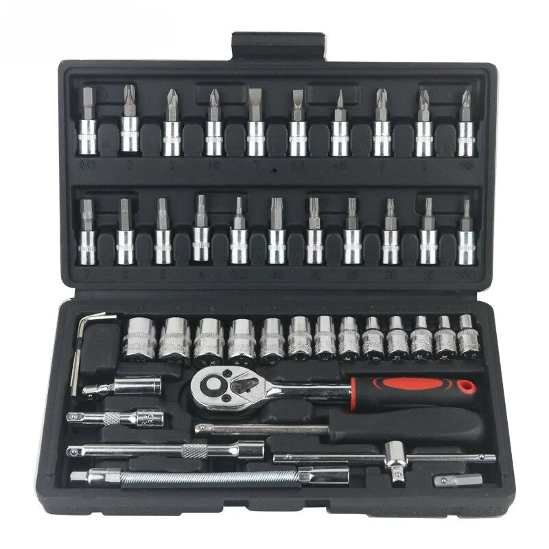 46pcs Car Repair Tool Kit 1/4-Inch Socket Set Car Repair Tool Ratchet Torque Wrench Combo Auto Repairing Set Mechanic Tool
46pcs Car Repair Tool Kit 1/4-Inch Socket Set Car Repair Tool Ratchet Torque Wrench Combo Auto Repairing Set Mechanic Tool