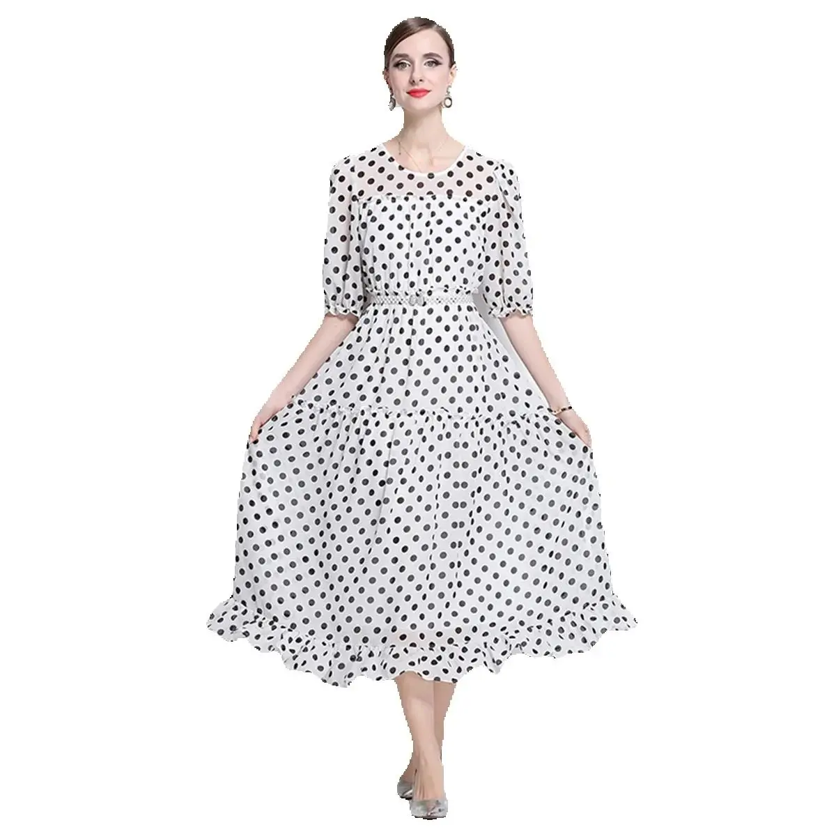 New Fashion Polka Dot Print Chiffon Midi-length Dress For Women's Short Puff Sleeve Loose Summer dress chiffon With Pearl Belt
New Fashion Polka Dot Print Chiffon Midi-length Dress For Women's Short Puff Sleeve Loose Summer dress chiffon With Pearl Belt