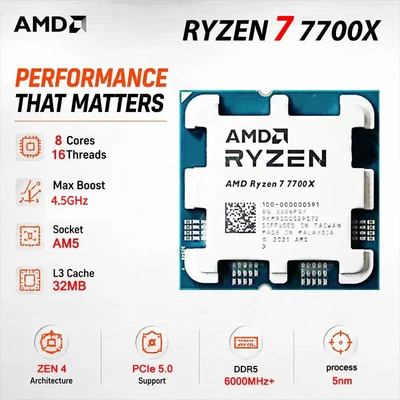 New AMD Ryzen 7 7700X CPU, R7 7700X, 4.5GHz,8-Core,16-Thread, 5NM, L3=32M,100-000000591 Socket AM5, but without Cooler