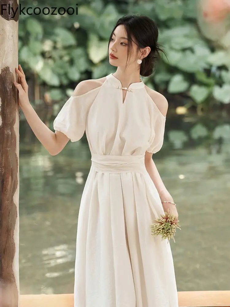 Chinese Style Gentle Knot Button Off-shoulder Puff Sleeve Long Dress Women Waisted Slim A-line Pure Dress Summer Elegant Clothin
Chinese Style Gentle Knot Button Off-shoulder Puff Sleeve Long Dress Women Waisted Slim A-line Pure Dress Summer Elegant Clothin