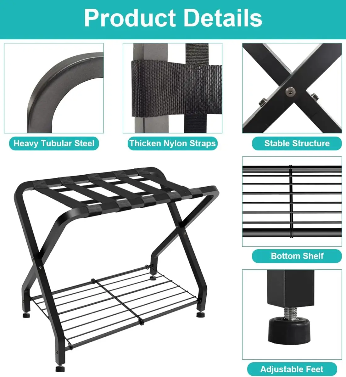 Folding Luggage Rack with 2-tiers Storage Shelf, Foldable Steel Frame Luggage Organizers for Suitcase, Metal Luggage Holder
Folding Luggage Rack with 2-tiers Storage Shelf, Foldable Steel Frame Luggage Organizers for Suitcase, Metal Luggage Holder