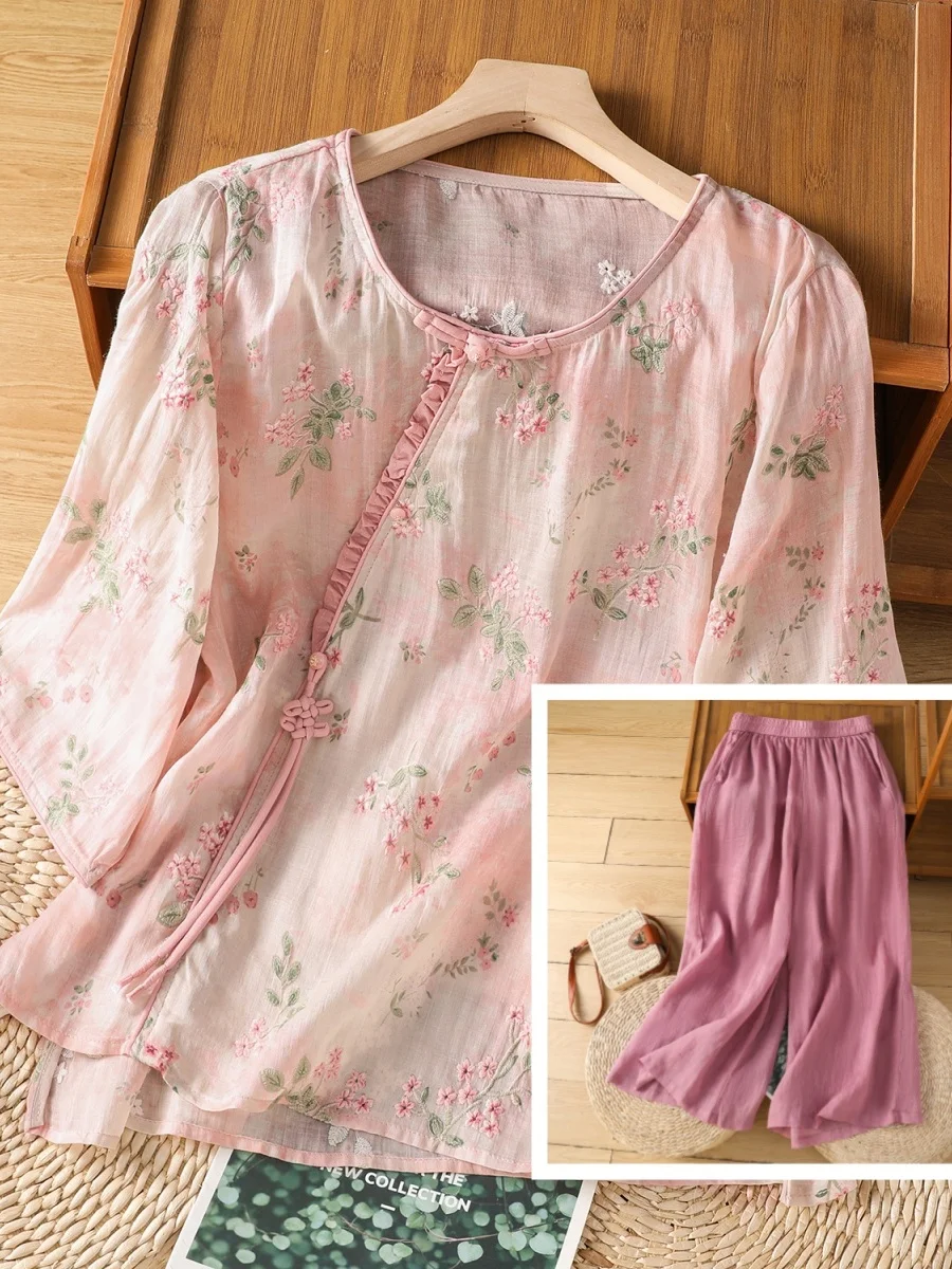 Retro Cotton Linen Embroidered Shirt Loose Women's Fashion Slimming Two-Piece Set Elegant Style Casual round Neck Short Sleeve
Retro Cotton Linen Embroidered Shirt Loose Women's Fashion Slimming Two-Piece Set Elegant Style Casual round Neck Short Sleeve