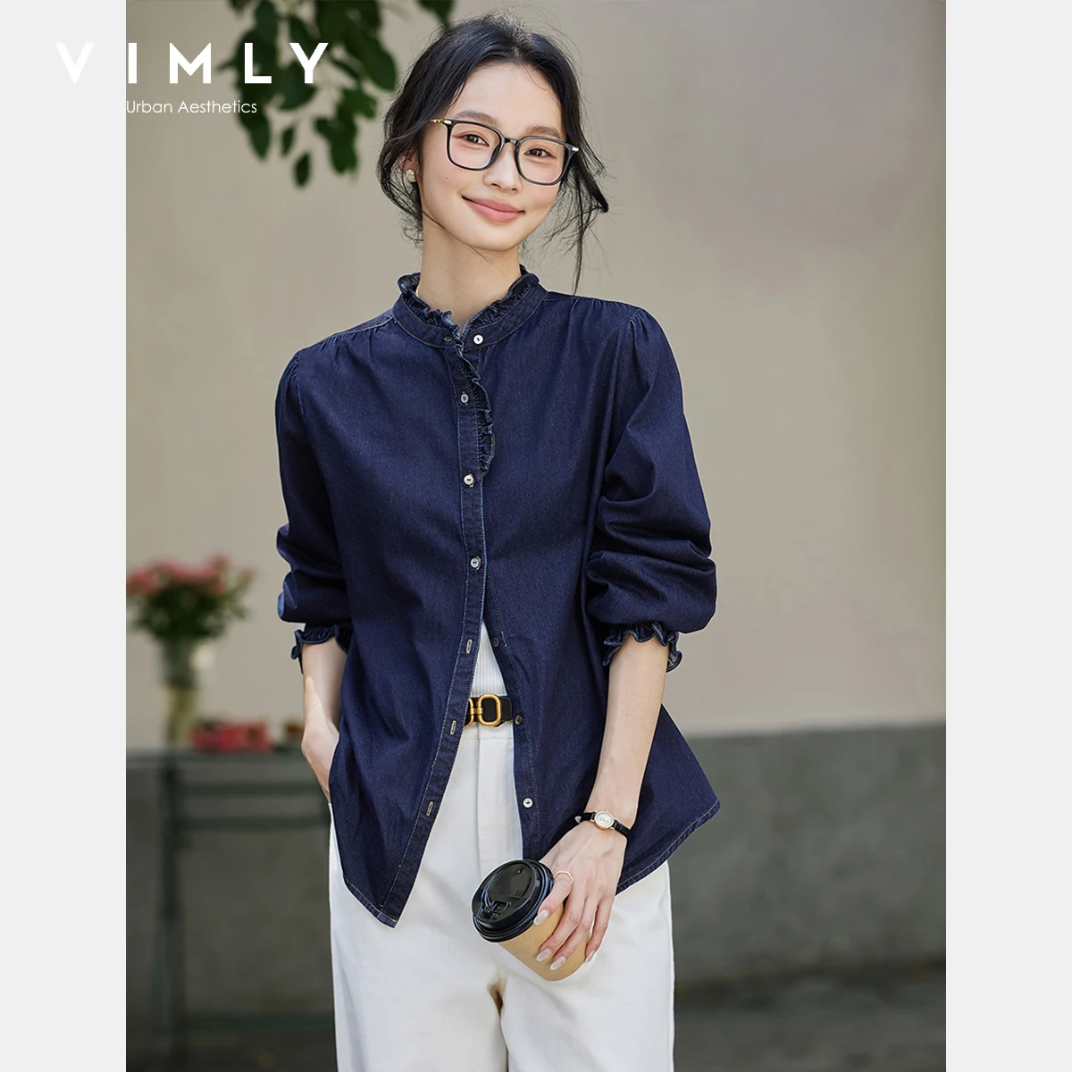 VIMLY Women's Denim Blue Shirt 2025 Autumn 100% Cotton Long Sleeve Ladies Blouses Stand Collar Loose Ruffled Cuffs Shirts A2112
VIMLY Women's Denim Blue Shirt 2025 Autumn 100% Cotton Long Sleeve Ladies Blouses Stand Collar Loose Ruffled Cuffs Shirts A2112