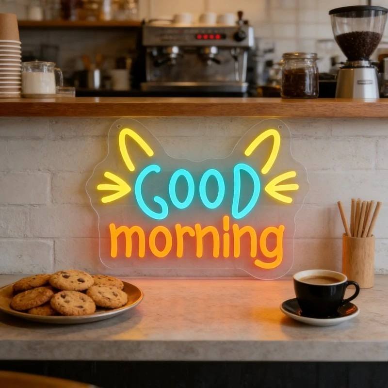 Cute Cat Ear Good Morning Neon Sign LED USB Dimmable Aesthetic Night Light for Kitchen Cafe Wall Art Funny Breakfast Lighting
Cute Cat Ear Good Morning Neon Sign LED USB Dimmable Aesthetic Night Light for Kitchen Cafe Wall Art Funny Breakfast Lighting