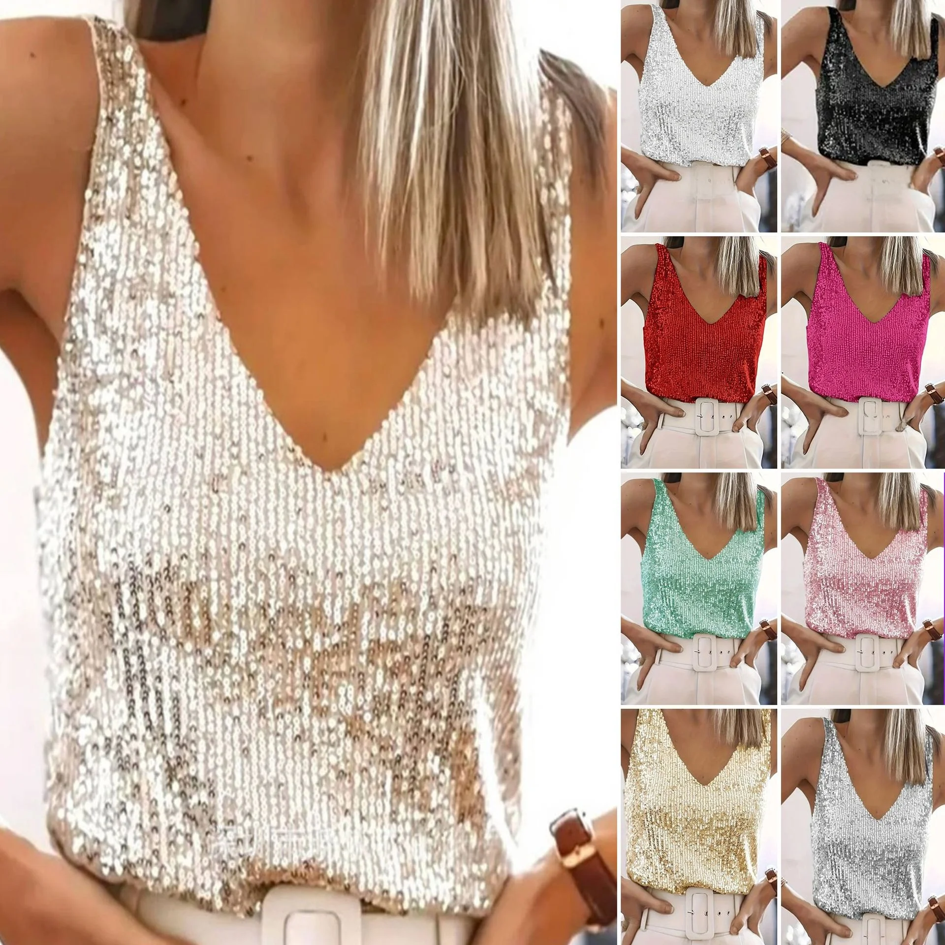 Shiny Tank Top Vest Sleeveless V-Neck Sexy Base Shirt Sparkling Sequins Women's Summer Thin Knitted Tube Top Glittering
Shiny Tank Top Vest Sleeveless V-Neck Sexy Base Shirt Sparkling Sequins Women's Summer Thin Knitted Tube Top Glittering
