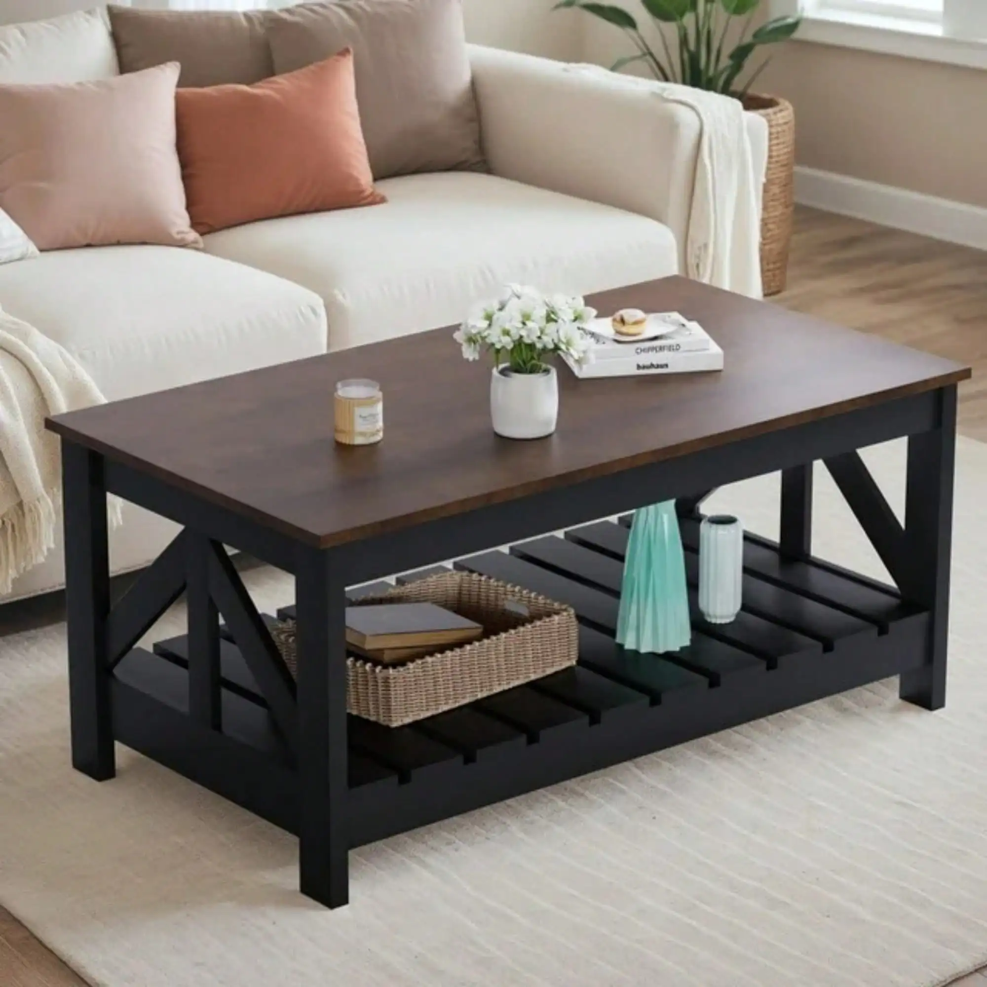 2-Tier Farmhouse Coffee Table Wood Center Table With Storage Shelf
2-Tier Farmhouse Coffee Table Wood Center Table With Storage Shelf