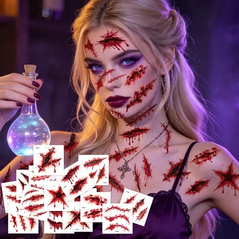 20 Sheets Halloween 3D Fake Scar & Wound Temporary Tattoo Stickers, Face & Body Decals for Adults Cosplay Masquerade Party
