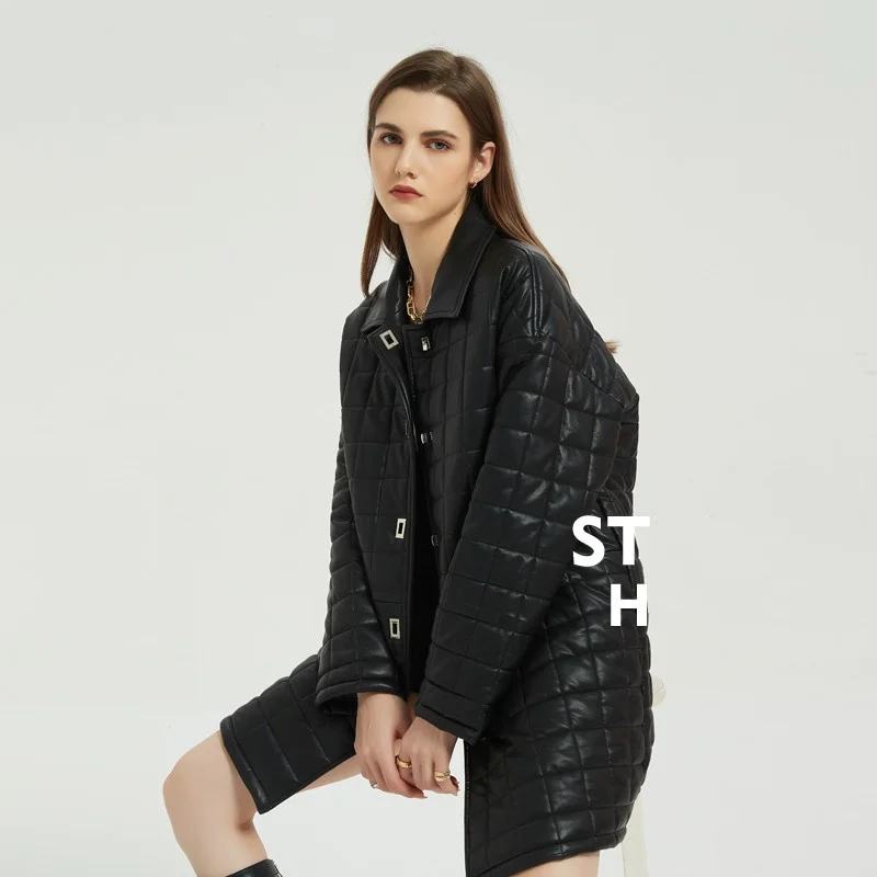 Imitation Leather cotton coat Mid-length for women winter 2023 new Metal buttons OL style black plaid loose warm padded jacket
Imitation Leather cotton coat Mid-length for women winter 2023 new Metal buttons OL style black plaid loose warm padded jacket