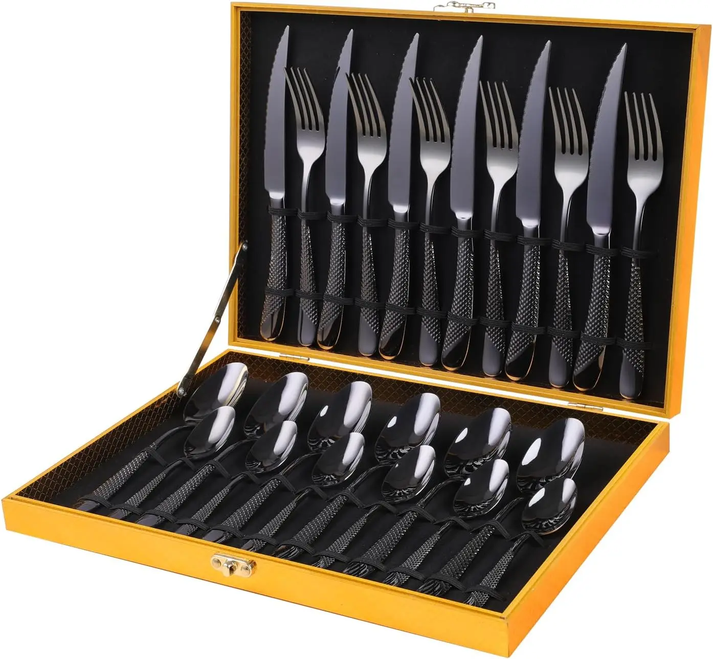 Hammered Black Silverware Set 24-Piece 18/10 Stainless Steel Flatware for 6 with Serrated Knives
Hammered Black Silverware Set 24-Piece 18/10 Stainless Steel Flatware for 6 with Serrated Knives