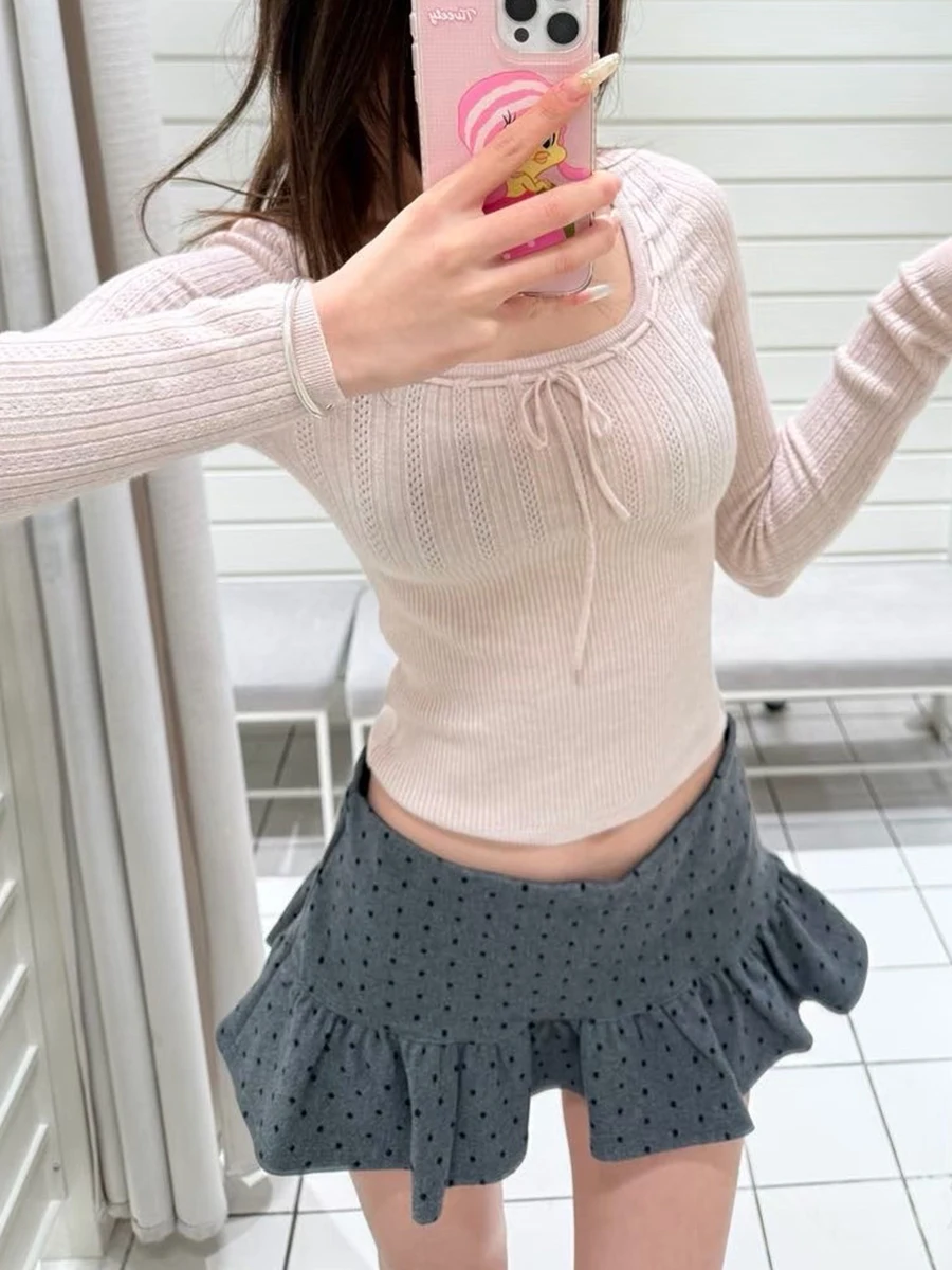 Lace-up Knitted Long Sleeve T-shirt Woman Spring Sexy Square Collar Cotton Slim Crop Top Chic Sweet Hollow Out Pink Tees Y2k
Lace-up Knitted Long Sleeve T-shirt Woman Spring Sexy Square Collar Cotton Slim Crop Top Chic Sweet Hollow Out Pink Tees Y2k