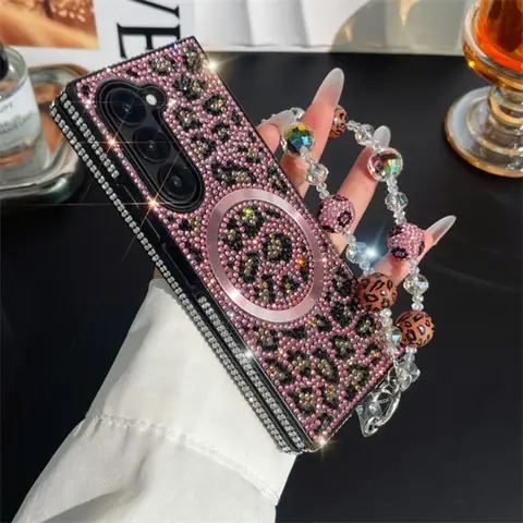Bling Glitter Rhinestone Hand Chain Wrist Strap Leopard Print Leather Magnetic Phone Case For Samsung Galaxy Z Fold 7 6 5 4 3 5G