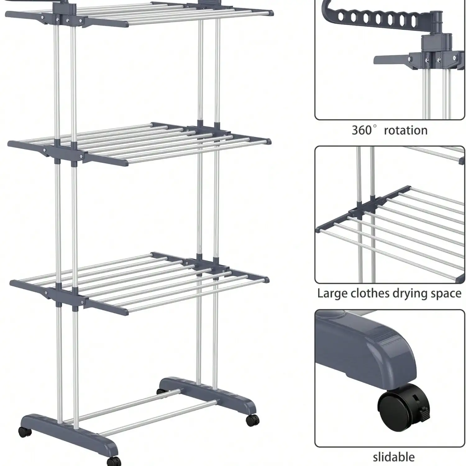 4-Tier Oversized Foldable Stainless Steel Drying Rack (24 Poles +14 Hooks), 60.7" High Movable Laundry Rack (4 Castors) For Home/Dorm/Hotel, Grey
4-Tier Oversized Foldable Stainless Steel Drying Rack (24 Poles +14 Hooks), 60.7" High Movable Laundry Rack (4 Castors) For Home/Dorm/Hotel, Grey