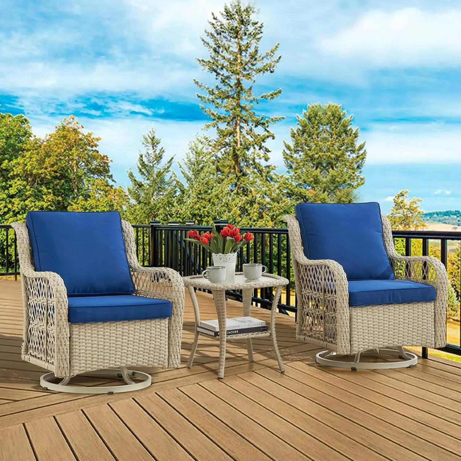 3pc Wicker Rocking Bistro Set Swivel Chairs Tempered Glass Table Cushions Patio Porch Backyard Customized
3pc Wicker Rocking Bistro Set Swivel Chairs Tempered Glass Table Cushions Patio Porch Backyard Customized