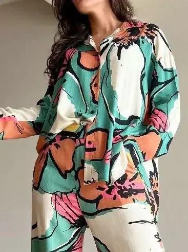 2 Piece Women Sleepwear Flower Print Blouse Shirt Wide Leg Pants Set Loose Casual Home Pajamas Pant Suit Loungewear Women Outfit
2 Piece Women Sleepwear Flower Print Blouse Shirt Wide Leg Pants Set Loose Casual Home Pajamas Pant Suit Loungewear Women Outfit