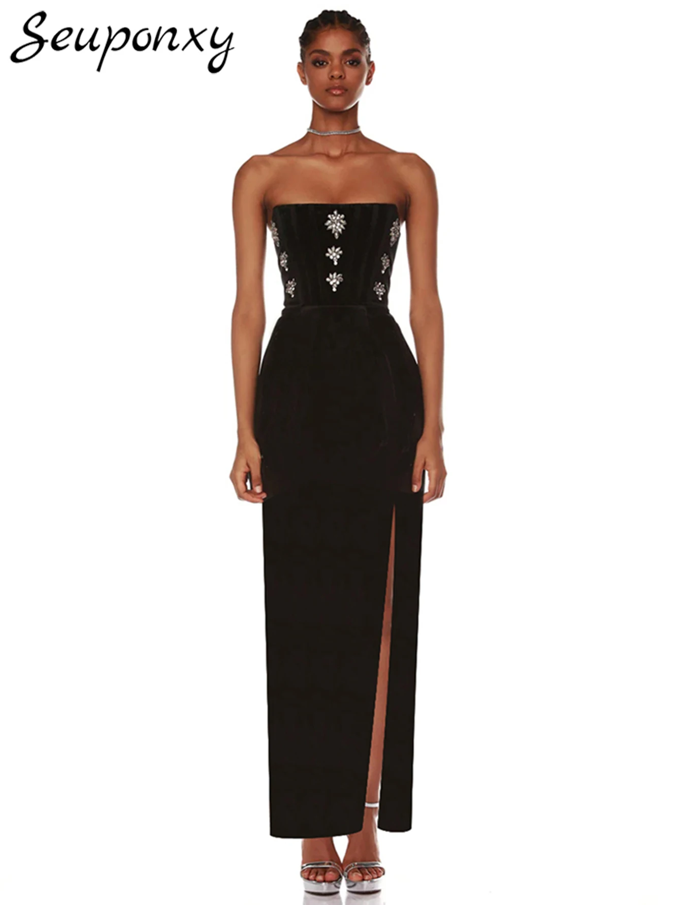 High Quality Black Women'S Sexy Strapless Backless Crystal Diamond Bandage Long Dress Elegant Evening Party Runway Vestidos
High Quality Black Women'S Sexy Strapless Backless Crystal Diamond Bandage Long Dress Elegant Evening Party Runway Vestidos