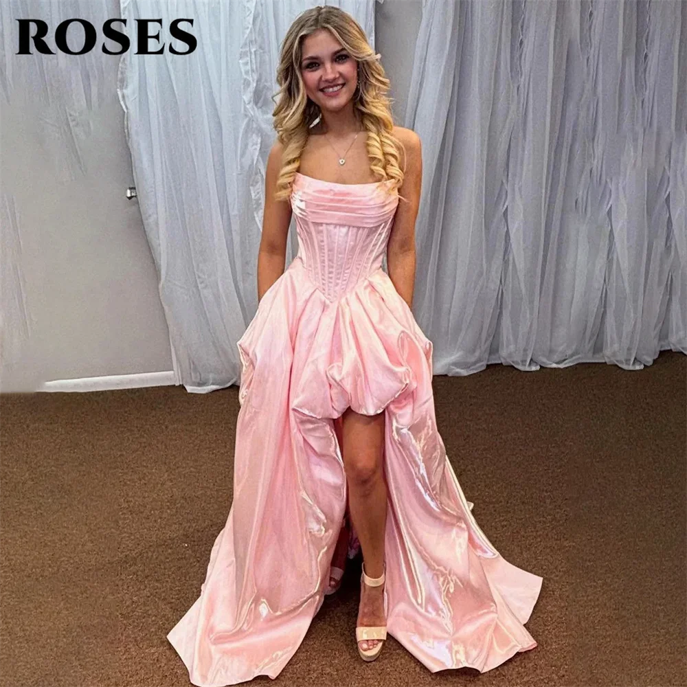 ROSES Pink Strapless Satin Simple Prom Dresses High Low Zipper Back Formal Dresses with Train Party Dresses for Women Customized
ROSES Pink Strapless Satin Simple Prom Dresses High Low Zipper Back Formal Dresses with Train Party Dresses for Women Customized