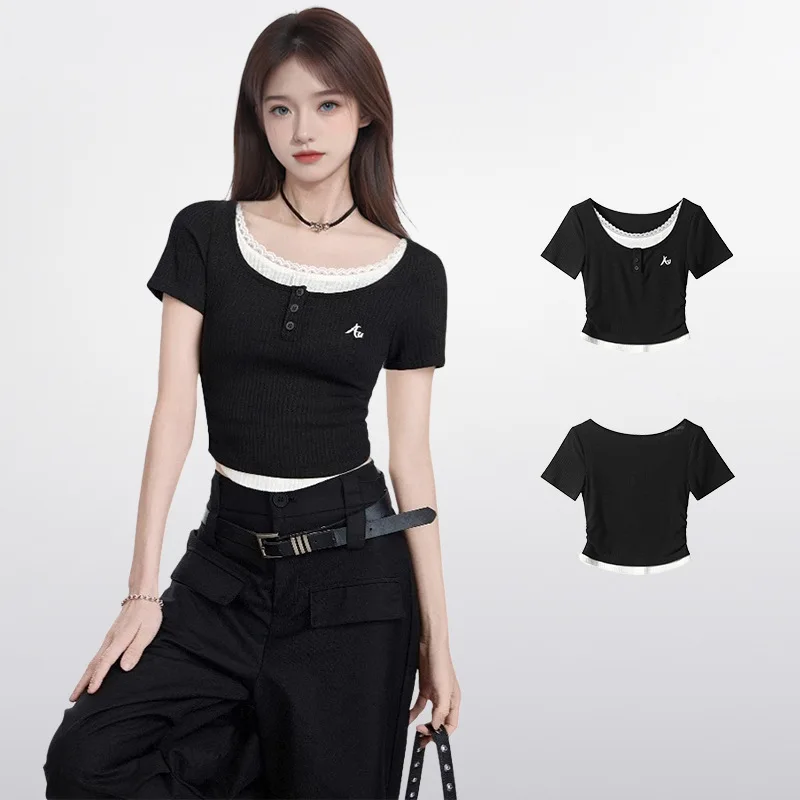 New Summer Lace Splice Short Sleeve Slim Fit Versatile Short Pure Desire Small Top T-Shirt Shoulder Width Regular Length Short
New Summer Lace Splice Short Sleeve Slim Fit Versatile Short Pure Desire Small Top T-Shirt Shoulder Width Regular Length Short