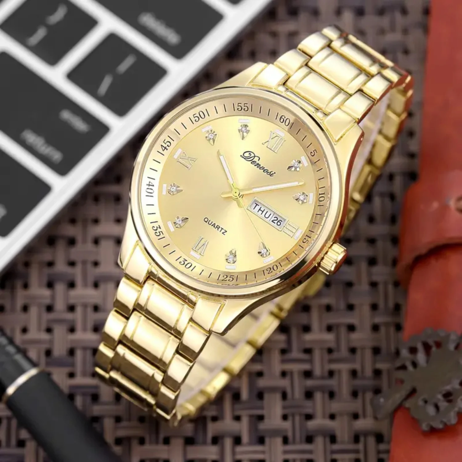 Elegant Golden Quartz Watch with Rhinestones Hour Markers, English Calendar Display and Scale Dial
Elegant Golden Quartz Watch with Rhinestones Hour Markers, English Calendar Display and Scale Dial