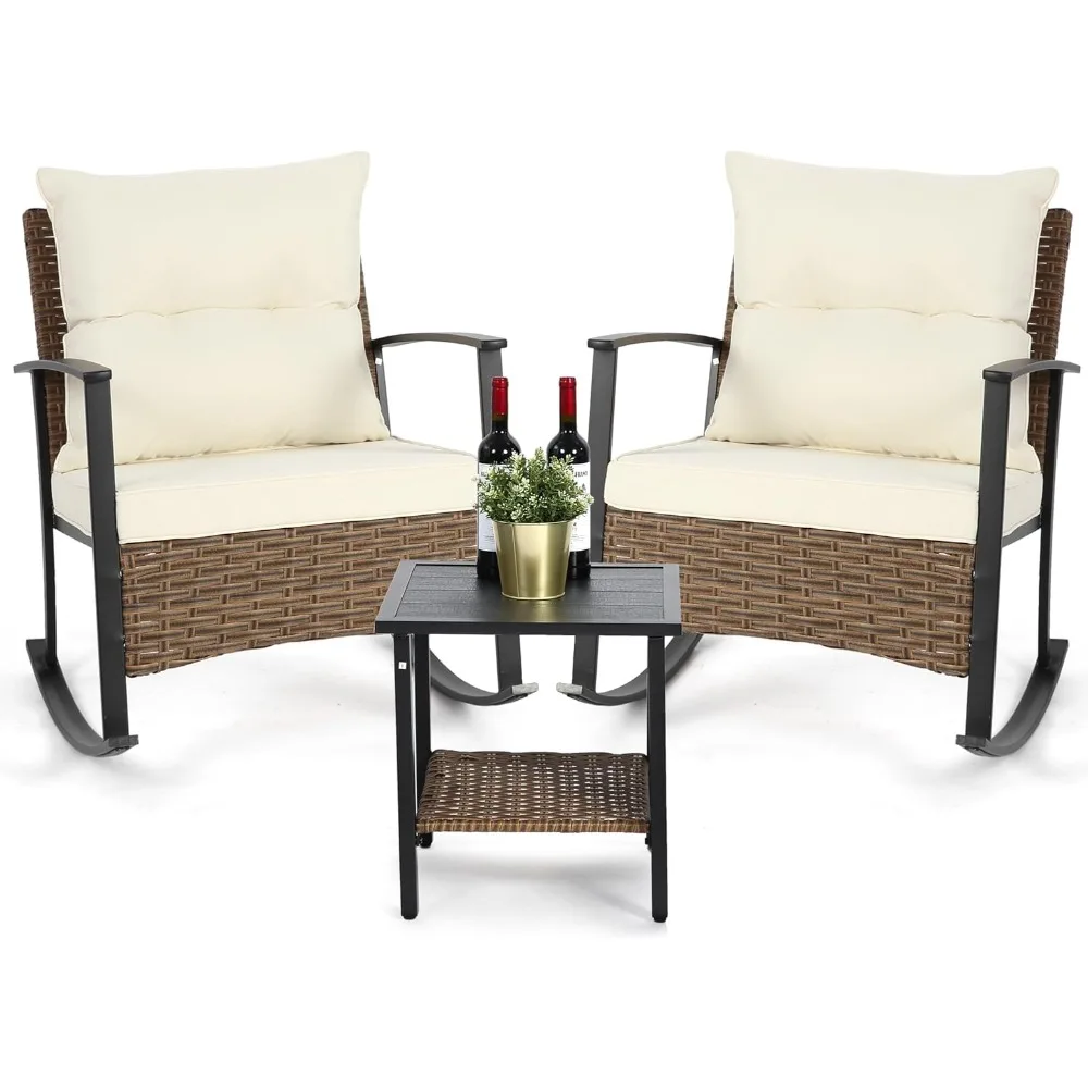 Outdoor Rocking Chair Set of 2 with Cushions and 2-Tier Coffee Table, Rattan Wicker 3 Pieces Patio Bistro Furniture Sets for Ga
Outdoor Rocking Chair Set of 2 with Cushions and 2-Tier Coffee Table, Rattan Wicker 3 Pieces Patio Bistro Furniture Sets for Ga