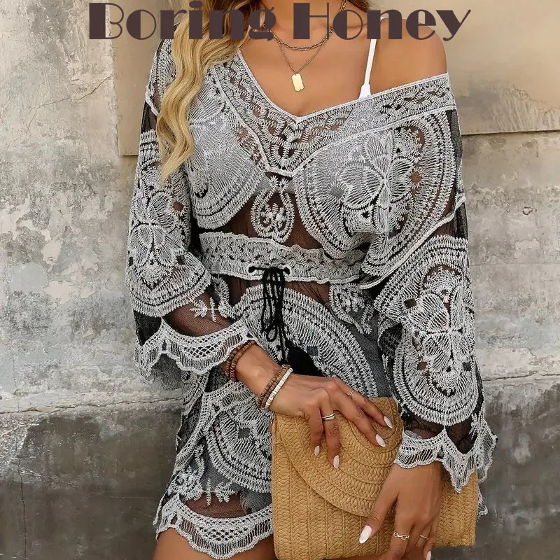 Boring Honey New Women's Batwing Sleeves Bikini Cover-Up with Cutout Embroidery Summer Fashion Beach Resort Wear Tops Women
Boring Honey New Women's Batwing Sleeves Bikini Cover-Up with Cutout Embroidery Summer Fashion Beach Resort Wear Tops Women