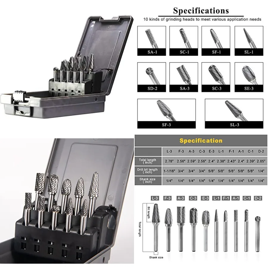 Carbide Burrs Set 10pcs Double Cut Solid Carbide Rotary Burr Set 1/4" Shank Die Grinder Bits for Steel, Metal Carving, Polishin
Carbide Burrs Set 10pcs Double Cut Solid Carbide Rotary Burr Set 1/4" Shank Die Grinder Bits for Steel, Metal Carving, Polishin