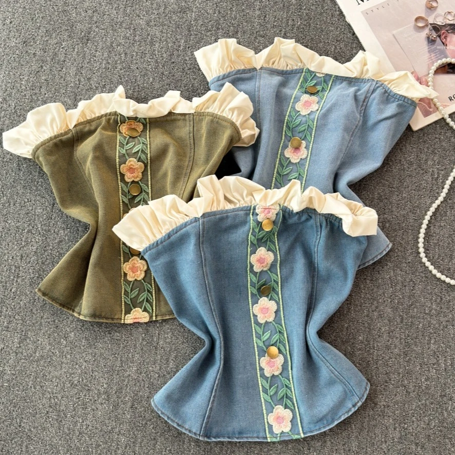 Camis Women Strapless Sleeveless Sexy Tops Tanks Denim Y2k Streetwear Elegant Splice Floral Top Ruffles Slim Club Work 2025
Camis Women Strapless Sleeveless Sexy Tops Tanks Denim Y2k Streetwear Elegant Splice Floral Top Ruffles Slim Club Work 2025
