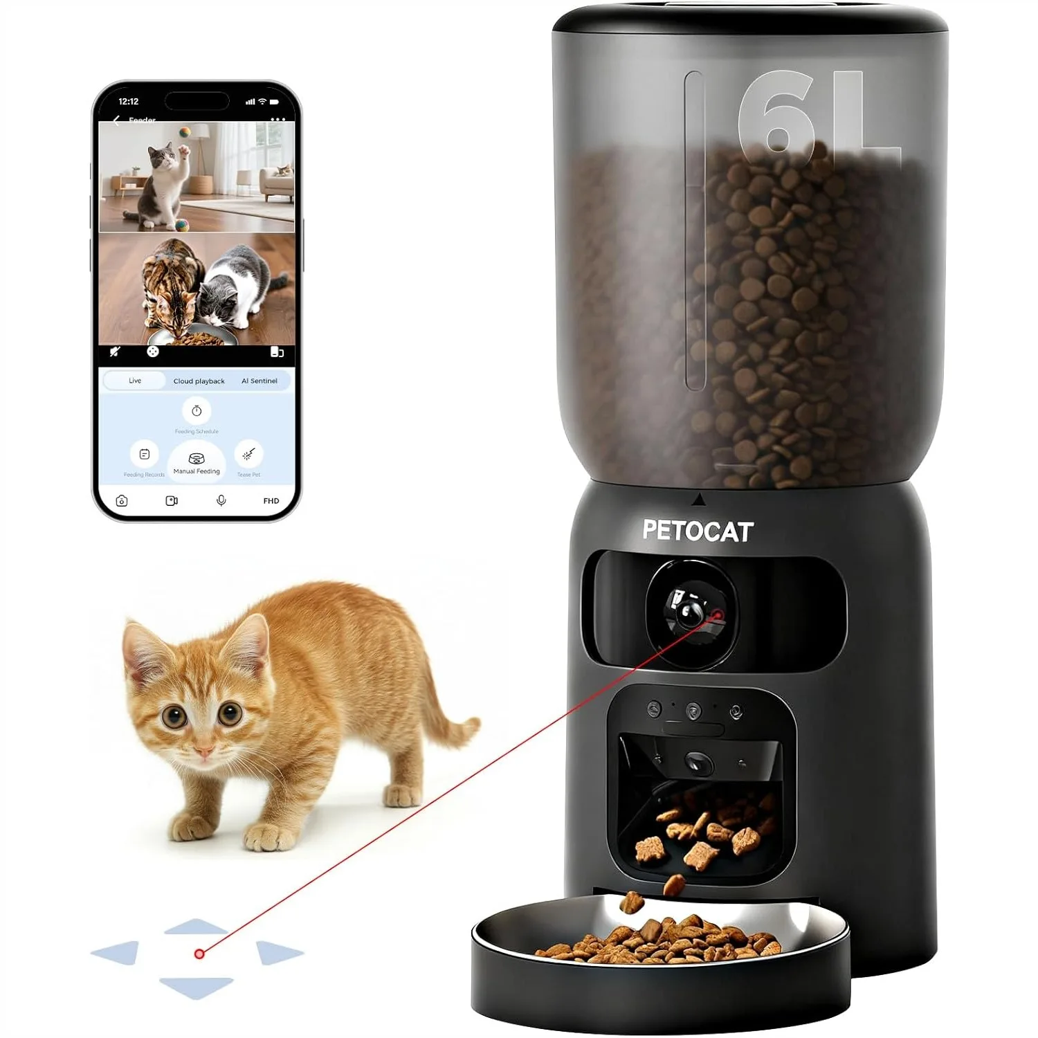 AI Automatic Cat Feeder with 2K HD Dual Cameras, 6L Cat Food Dispenser with Cat Recognition, Diet Tracking, Laser Toy & Two-Way
AI Automatic Cat Feeder with 2K HD Dual Cameras, 6L Cat Food Dispenser with Cat Recognition, Diet Tracking, Laser Toy & Two-Way