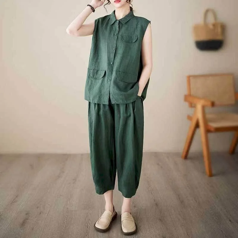 Casual Pants Set Loose Solid Cotton Linen Sleeveless Polo-neck Vests and Harem Pants Korean Fashion Two Piece Set Women Outfits
Casual Pants Set Loose Solid Cotton Linen Sleeveless Polo-neck Vests and Harem Pants Korean Fashion Two Piece Set Women Outfits