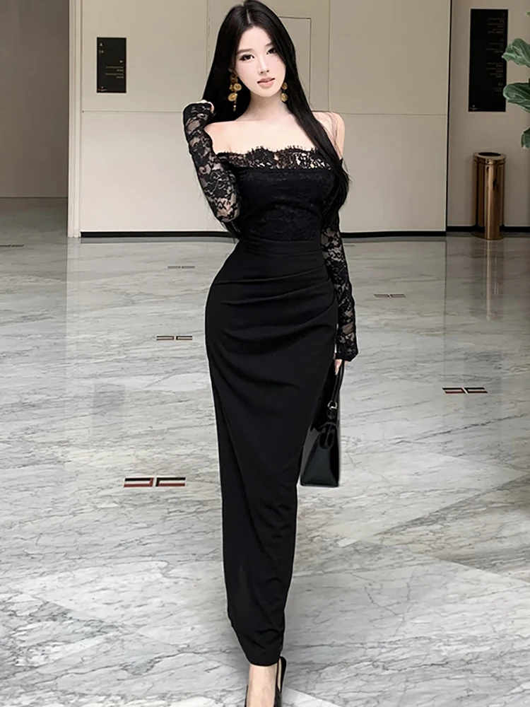 Autumn Winter Black Patchwork Lace Slash Neck Sexy Dress Women Vintage Hepburn Luxury Evening Dress 2025 Korean Elegant Dresses
Autumn Winter Black Patchwork Lace Slash Neck Sexy Dress Women Vintage Hepburn Luxury Evening Dress 2025 Korean Elegant Dresses