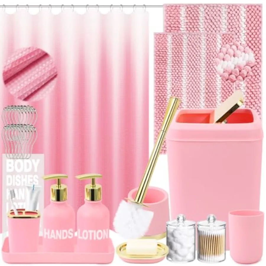 25PCS Pink atroom Accories ts Complete wit Sower Curtain Rugs Tras Can and Toilet rus Tootrus older and Cup Soap Dispenr Soap D
25PCS Pink atroom Accories ts Complete wit Sower Curtain Rugs Tras Can and Toilet rus Tootrus older and Cup Soap Dispenr Soap D