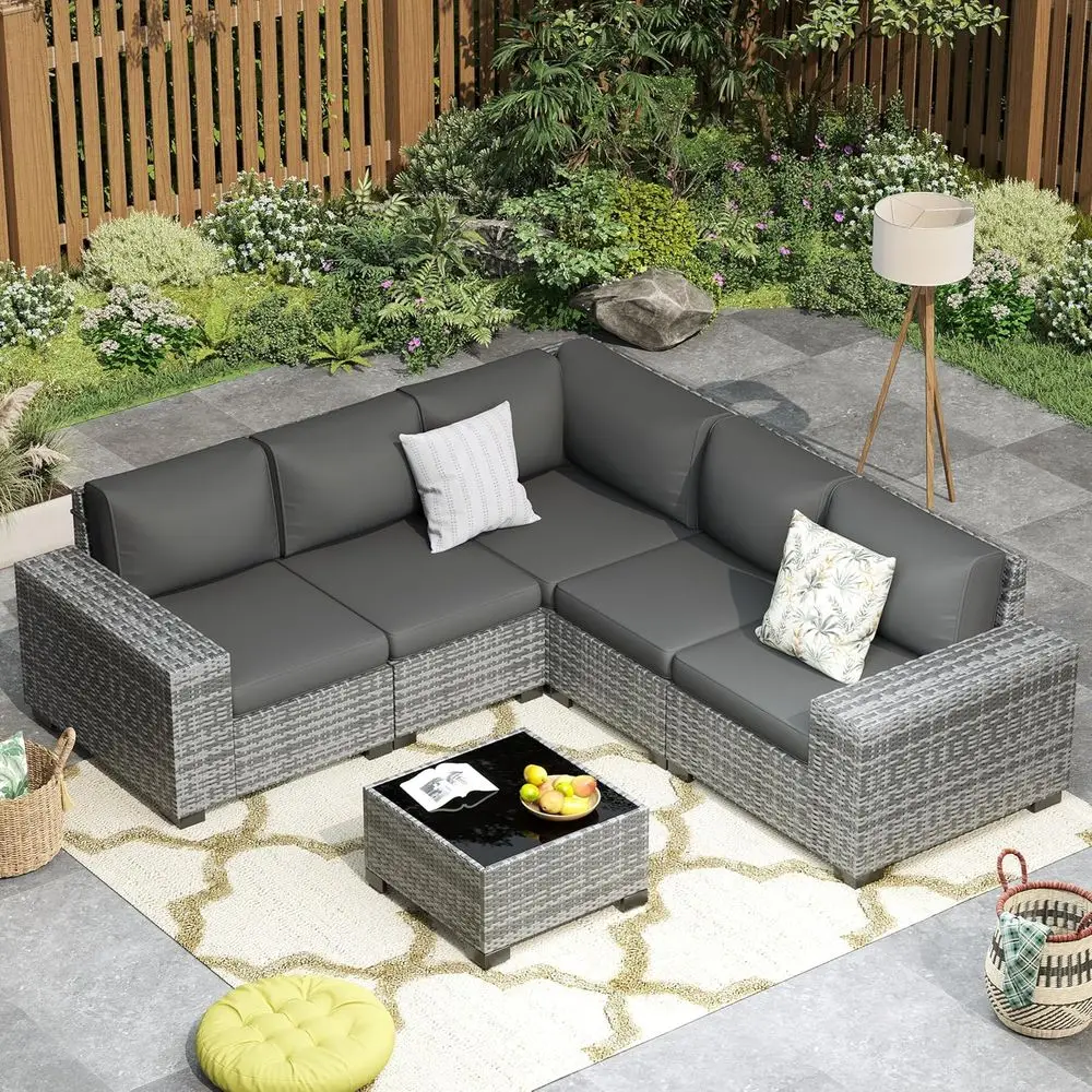 6-Piece Outdoor Patio Sectional Set with Weather-Resistant Wicker, Cushions, Glass Table, and Waterproof Cover, Grey
6-Piece Outdoor Patio Sectional Set with Weather-Resistant Wicker, Cushions, Glass Table, and Waterproof Cover, Grey