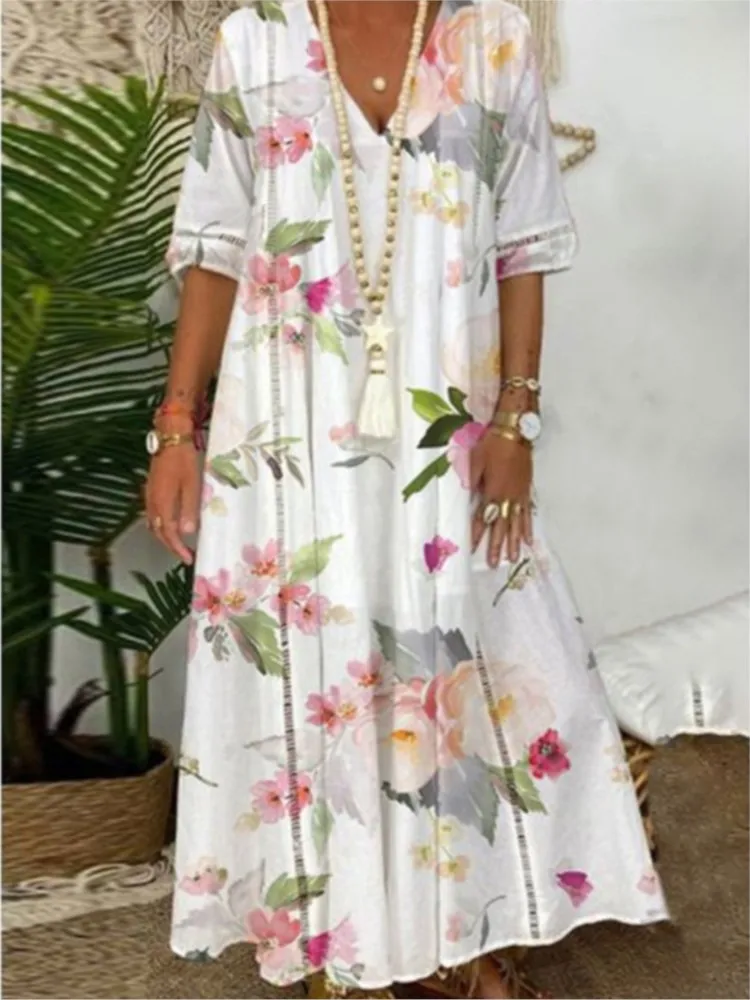 Women Dresses Boho V-neck Short Sleeve Floral Print A Line Long Dress Female Elegant Casual Sweet Loose Beach Vacation Dresses
Women Dresses Boho V-neck Short Sleeve Floral Print A Line Long Dress Female Elegant Casual Sweet Loose Beach Vacation Dresses