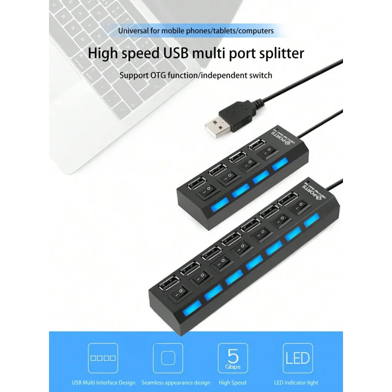 1pc Black 4/7 Port 2.0 USB Hub Splitter Electrical Sockets With Independent Switch, Plug And Play, Compatible With Various Devic
1pc Black 4/7 Port 2.0 USB Hub Splitter Electrical Sockets With Independent Switch, Plug And Play, Compatible With Various Devic