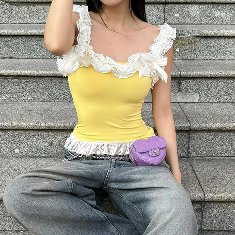 Summer Fresh French Girl Lace Lace Bow Blouse Sweet Color Contrast White Slim Sleeveless Vest
Summer Fresh French Girl Lace Lace Bow Blouse Sweet Color Contrast White Slim Sleeveless Vest