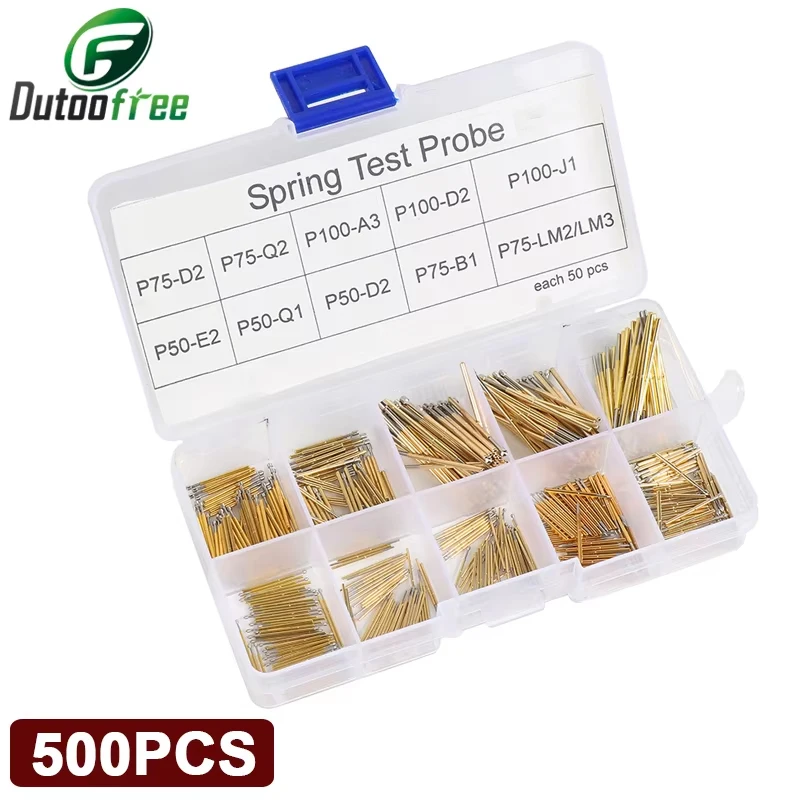 500PCS Spring Test Probe Kit P50/P75/P100 Series Gold Plated Pogo Pin Set for PCB ICT Testing 10 Types Tips Each 50PCS
500PCS Spring Test Probe Kit P50/P75/P100 Series Gold Plated Pogo Pin Set for PCB ICT Testing 10 Types Tips Each 50PCS