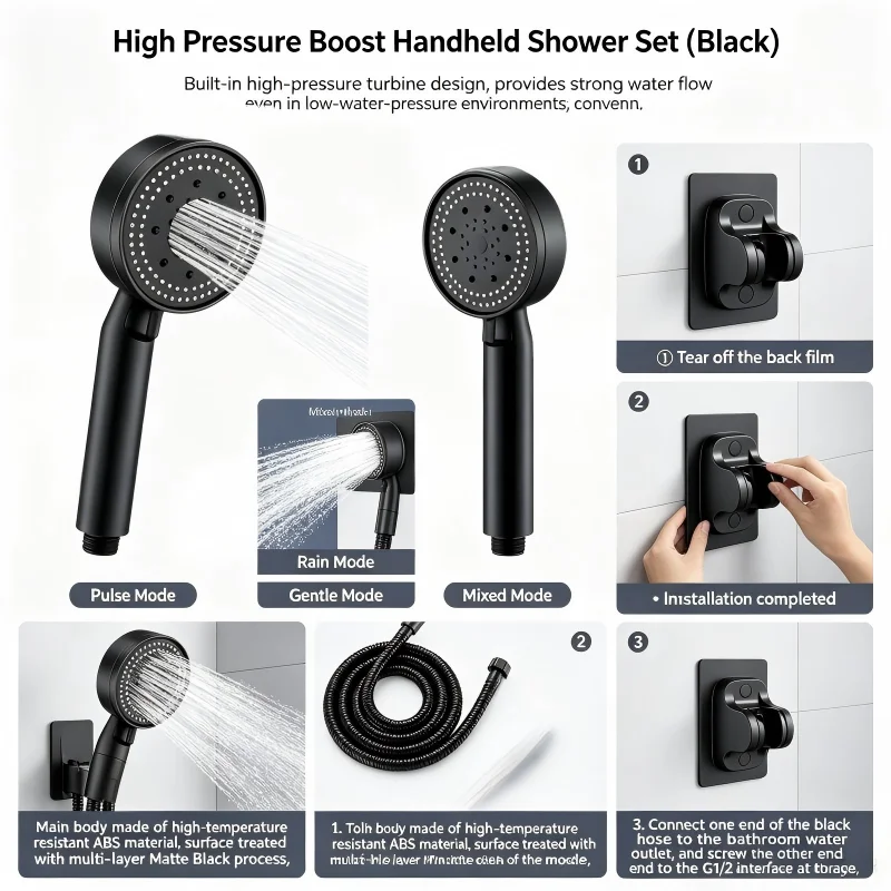 3pc Pressurized Handheld Shower Head with Thermostatic Control, 5 Modes Adjustable Water Output Polished Hanging Bracket
3pc Pressurized Handheld Shower Head with Thermostatic Control, 5 Modes Adjustable Water Output Polished Hanging Bracket