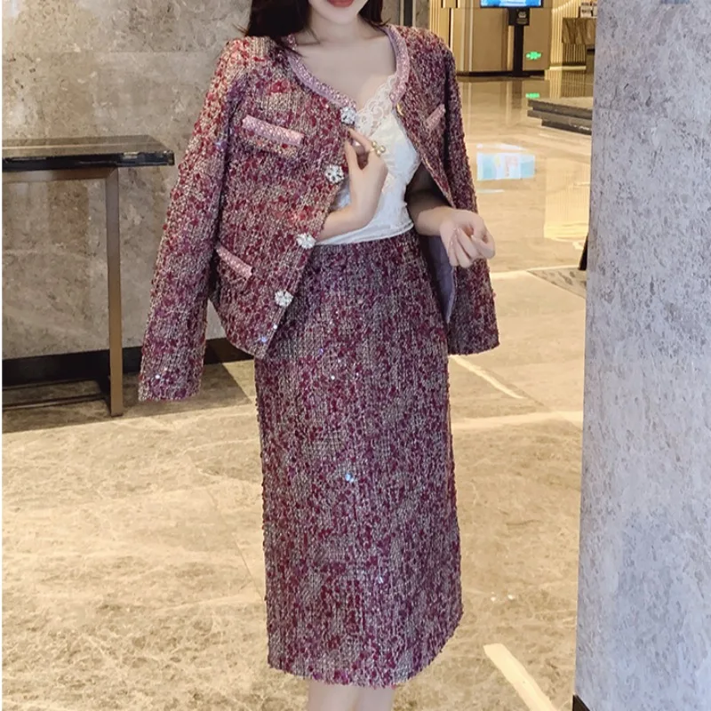Streetwear Elegant Red Tweed 2 Piece Sets Women Runway Design Long Sleeve Jacket and Skirt Lady Holiday Party Chic Skirts Sets
Streetwear Elegant Red Tweed 2 Piece Sets Women Runway Design Long Sleeve Jacket and Skirt Lady Holiday Party Chic Skirts Sets
