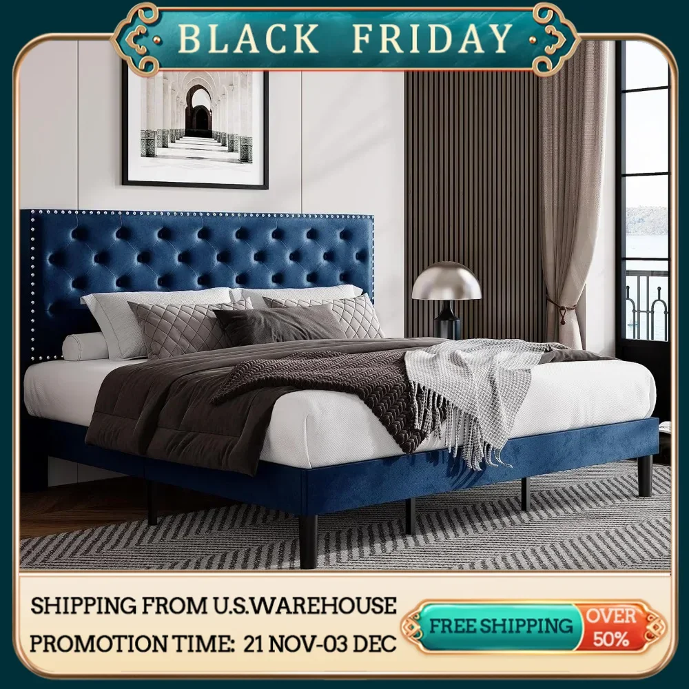King size bed frame, velvet padded platform bed with adjustable diamond button tufting and nail head decoration headboard, bed
King size bed frame, velvet padded platform bed with adjustable diamond button tufting and nail head decoration headboard, bed