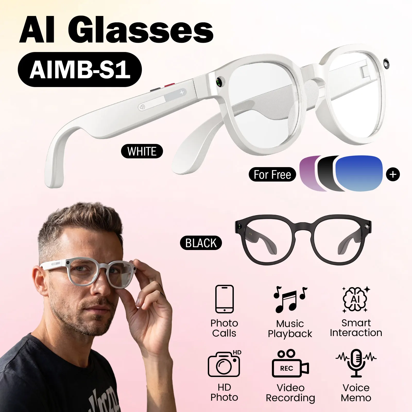 Intelligent AI glasses, video glasses, high aesthetics with dual cameras, equipped with three replaceable lenses, ten functions
Intelligent AI glasses, video glasses, high aesthetics with dual cameras, equipped with three replaceable lenses, ten functions